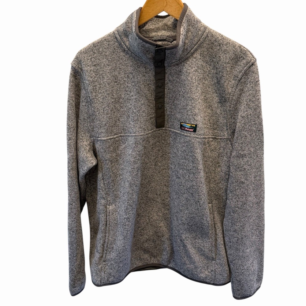 LL Bean Sweater Mens Large Gray 1/4 Snap Pullover Outdoor Fleece Slightly Fitted